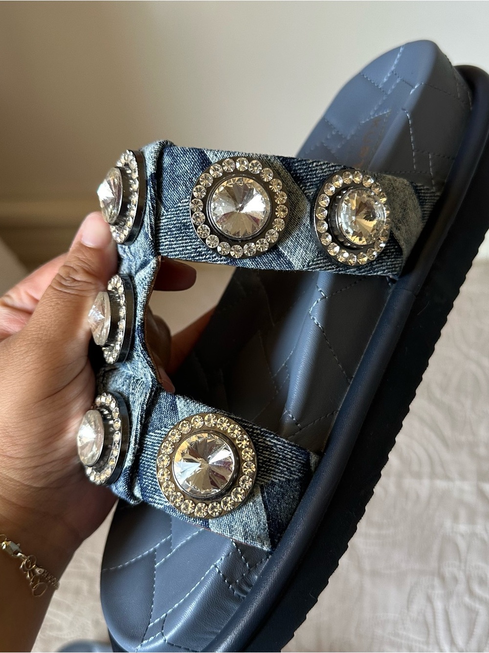 Kurt Geiger London Orson Crystal Denim Slide Sandals - Blue - Picture 7 of 7